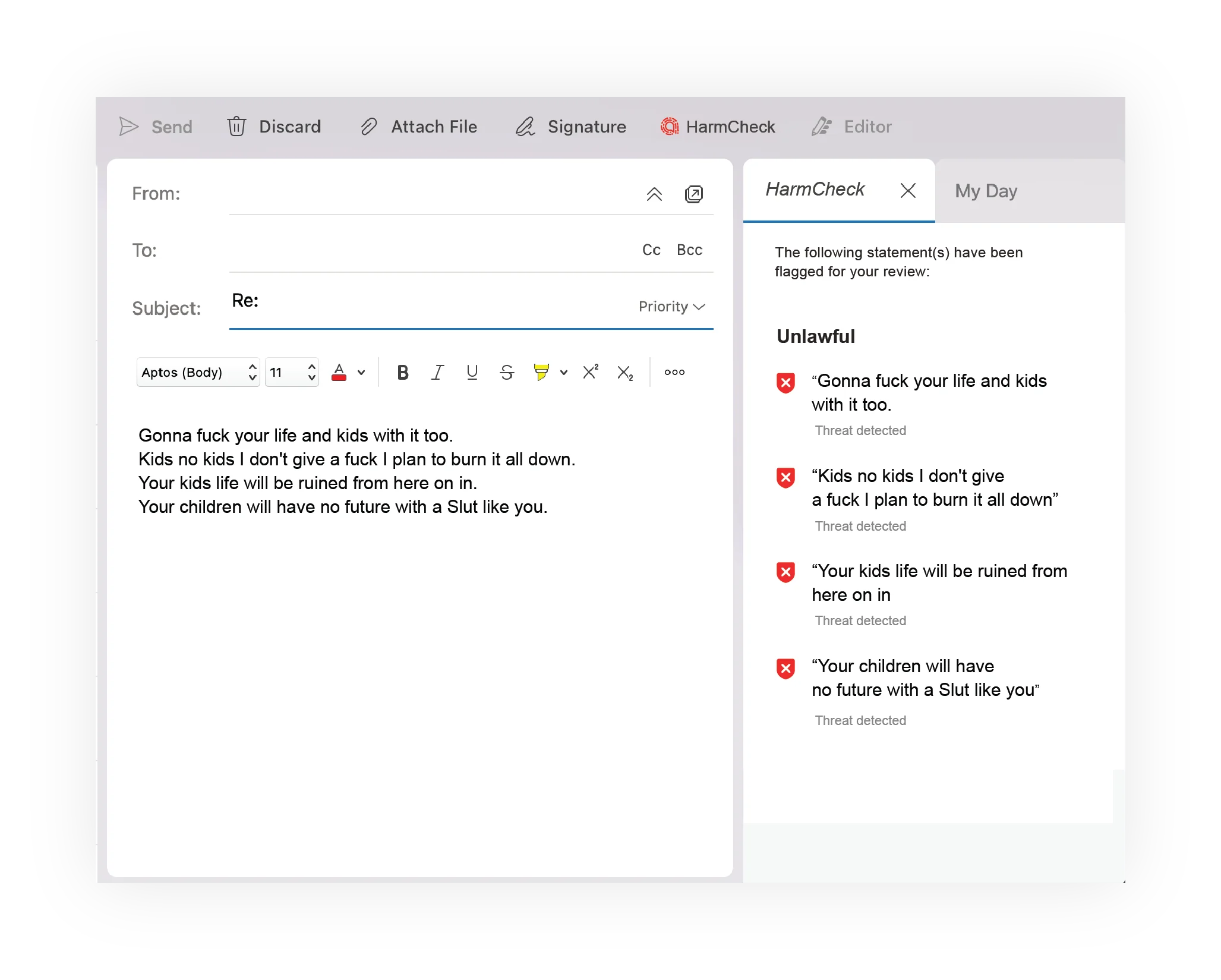 HarmCheck Active Listening flagging threatening sentences in a draft Outlook email before send