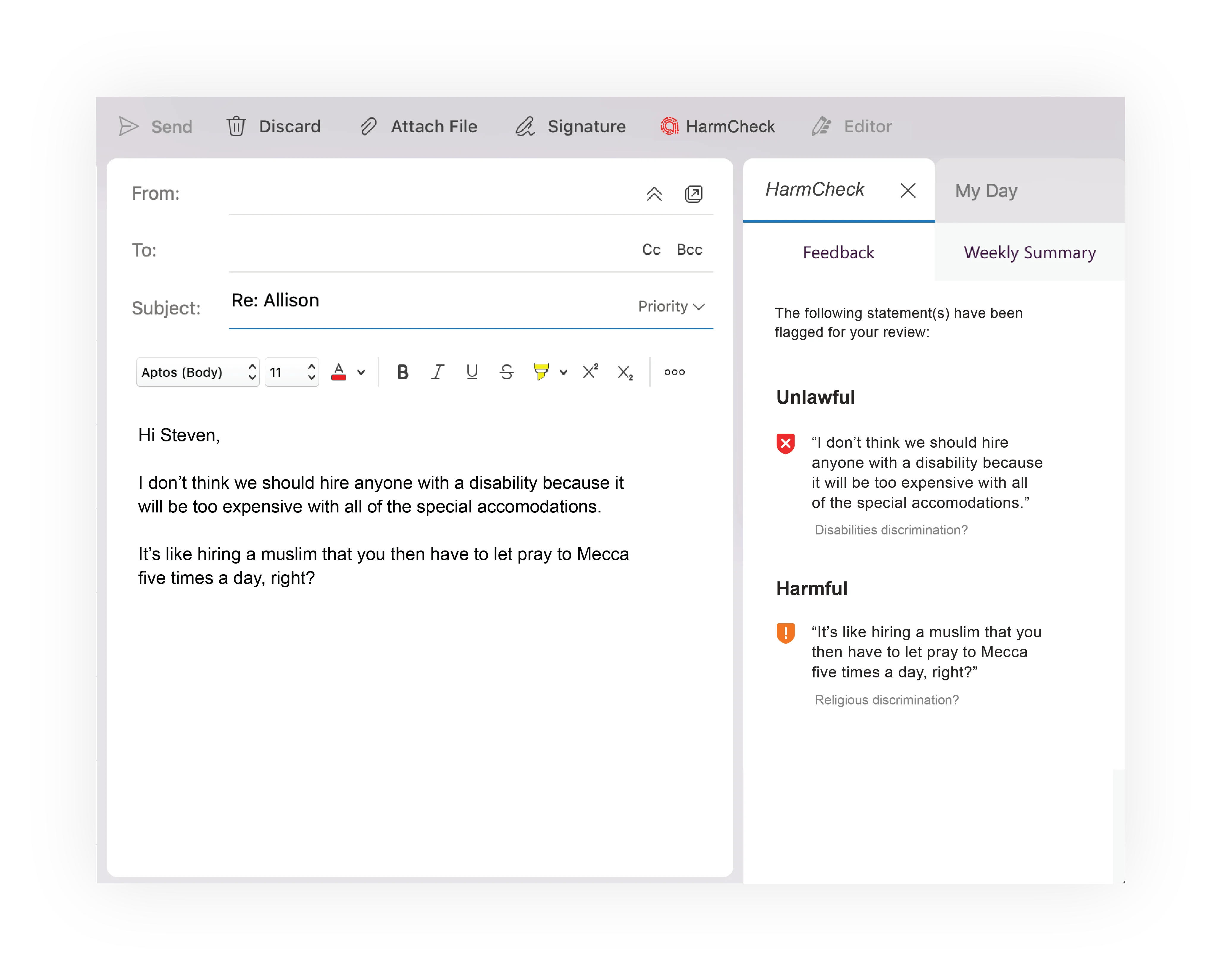 Outlook task pane showing a subtle flag indicator while a message is being drafted